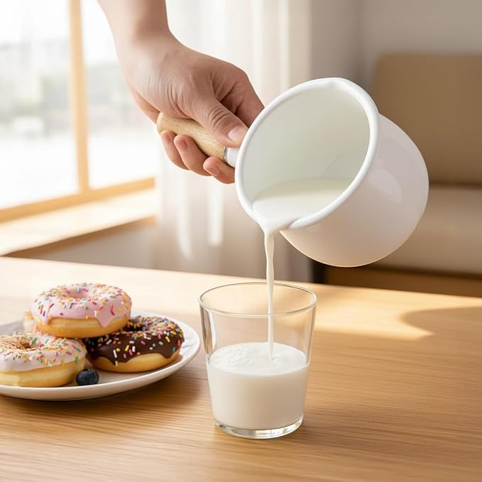 Homaisson Enamel Milk Warmer Pot, Japanese Style Mini Saucepan, White Butter Melter with Wood Handle, Single Serve Stove Top Cookware for Sauce, Coffee