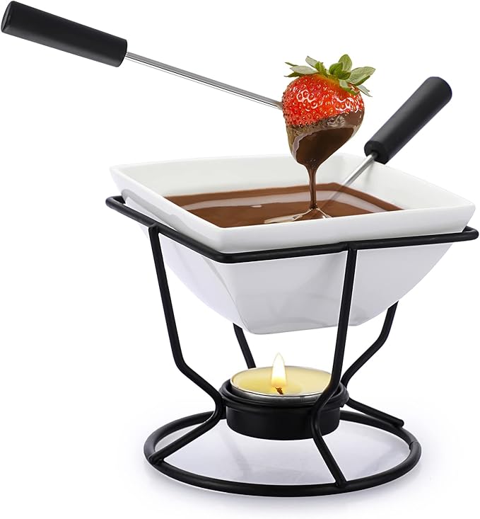 BSTKEY Ceramic Butter Warmer Set, Fondue Pot Melting Pot Set, Melt Hot Pot Square Bowl Set For Cheese Chocolate Butter Caramel, with 2 Dipping Forks