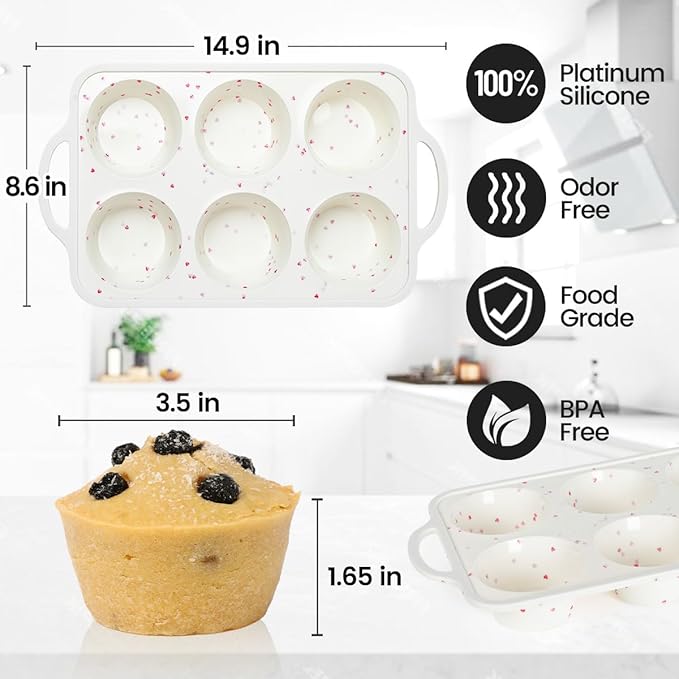 Jumbo Muffin Pan, Metal Reinforced Frame 3.5 Inch Large Silicone Cupcake Pan 6 Cups Large Muffin Pan with Handle Nonstick Jumbo Muffin Tin for Baking Giant Homemade Muffins, Frittatas 1 Pack