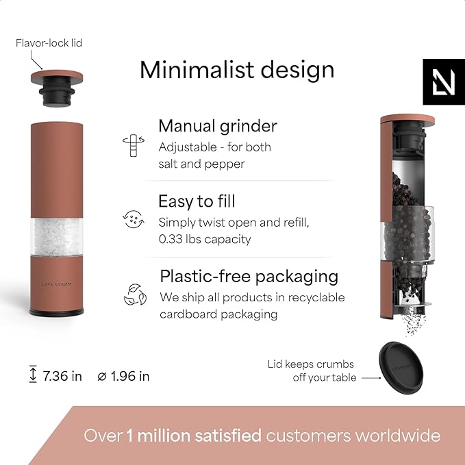 LARS NYSØM Salt and Pepper Grinder Set Manual, Stainless Steel Salt and Pepper Mills with Adjustable Ceramic Grinder I Design Spice Shakers (Brick Red)