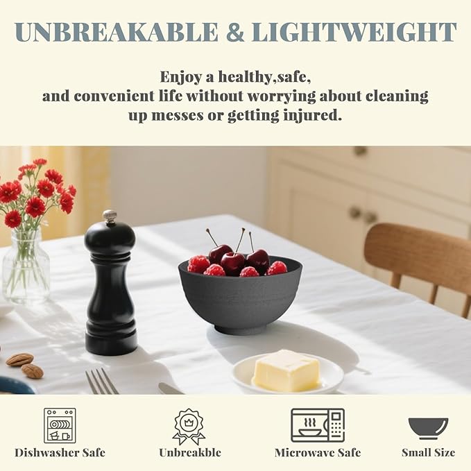 Homienly Wheat Straw Small Bowls, Dessert Bowls for Kitchen, Camping, Party, Unbreakable Mini Bowl Set of 8, 10 OZ Microwave and Dishwasher Safe Appetizer Bowl,Yogurt Bowls Set (Dark Grey)