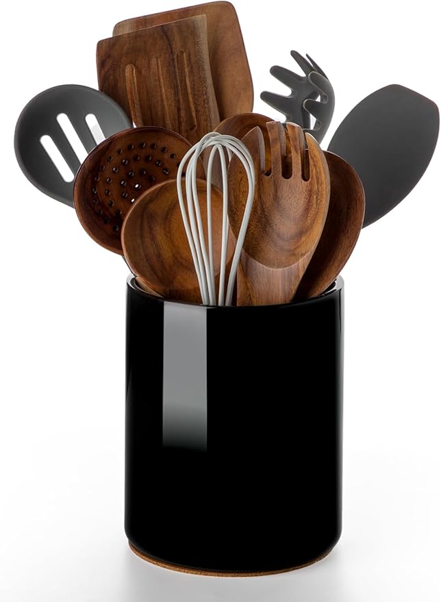 Nucookery Utensil Holder, 6.4" Ceramic Kitchen Utensil Holder with Countertop-Protection Cork Bottom, Farmhouse Kitchen Decor for Counter (Black)