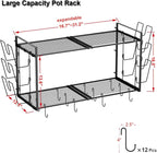Expandable Pot and Pan Organizer Wall Mounted, 2 Tier Hanging Kitchen Shelves Heavy Duty Pot Rack with 6 Pot Lid Holders and 12 Hooks for Kitchen Cookware Utensils Organizer and Storage