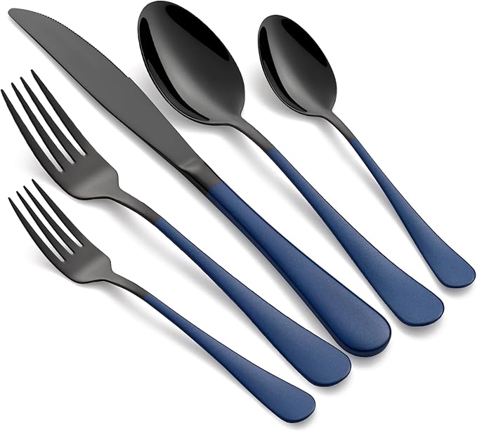 20-Piece Black Silverware Set 18/0 Stainless Steel Flatware Sapphire Blue Handle Cutlery Set Service for 4 Dinner Knives Forks Spoons Set Mirror Finish Dishwasher Safe