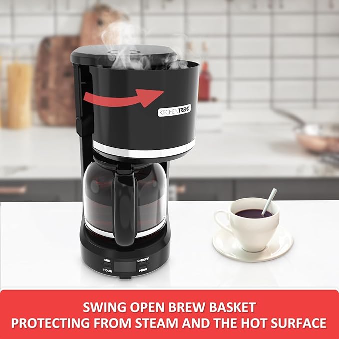 10-Cup Programmable Coffee Maker with Permanent Filter, Removable Water Reservoir Coffee Machine, Drip Coffee Maker, Delay Brew, Timer & Keep Warm, Swing Open Brew Basket, Black
