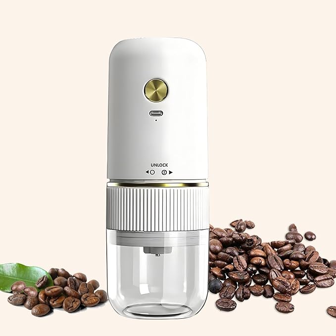 Handheld Electric Coffee Grinder Portable USB-C Rechargeable - Compact & Lightweight for Travel, Camping, Home Use, Black/White Design (60, White, one size fits all)
