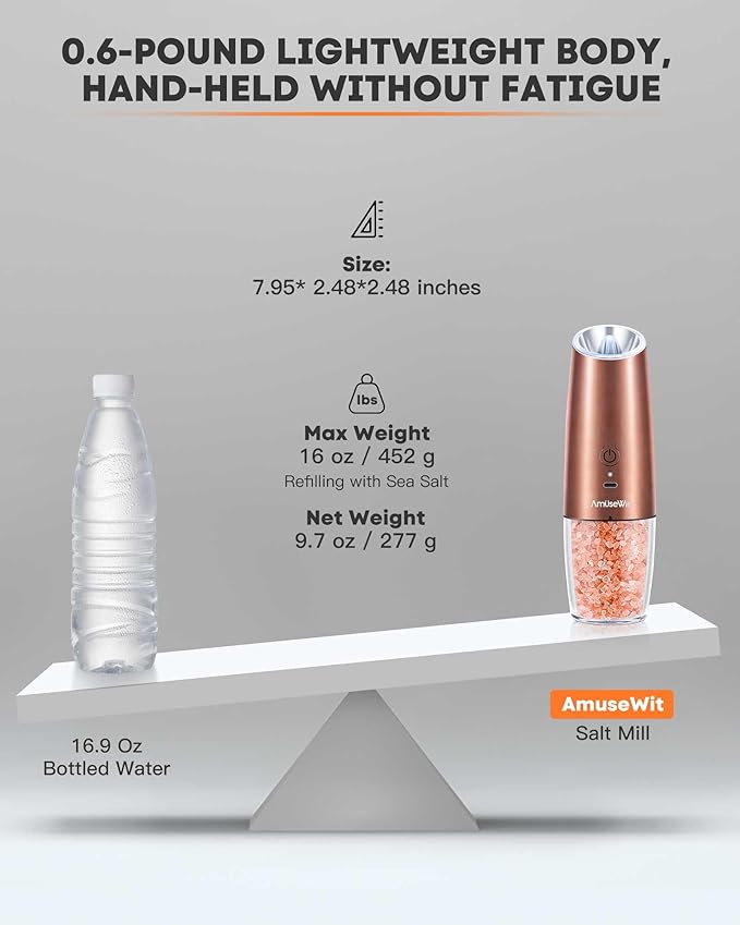 AmuseWit Gravity Electric Salt and Pepper Grinder Set [White Light] USB Rechargeable Automatic Pepper and Salt Mills,Adjustable Coarseness,One-Handed Operation, Copper
