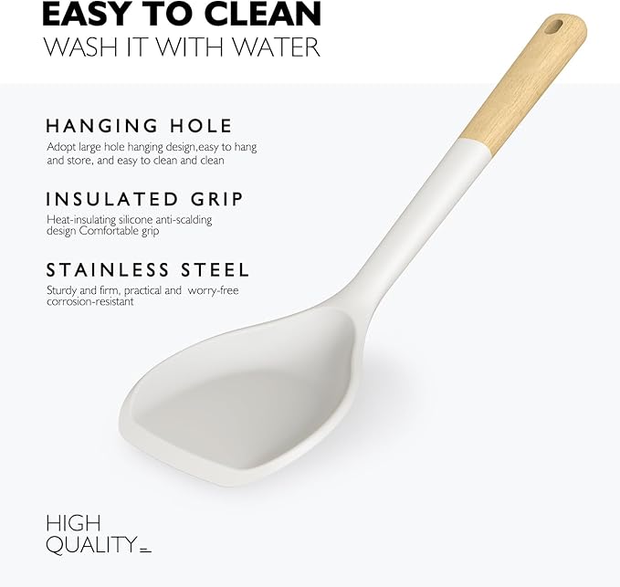 Large Silicone Cooking Utensils Set - Heat Resistant Silicone Kitchen Utensils for Cooking w Wooden Handles, Spatula Set, Kitchen Utensil Gadgets Sets for Non-Stick Cookware, BPA Free (Cream White)