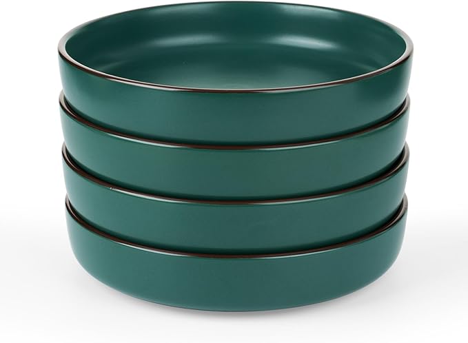 famiware Mercury Pasta Bowls Set of 4, 33 oz Large Salad Bowls, Stoneware Pasta Plates Bowls, Serving Bowls for Kitchen, Microwave & Dishwasher Safe, Dark Green