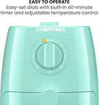 Chefman TurboFry 2-Quart Air Fryer, Dishwasher Safe Basket & Tray, Use Little to No Oil For Healthy Food, 60 Minute Timer, Fry Healthier Meals Fast, Heat And Power Indicator Light, Temp Control, Mint