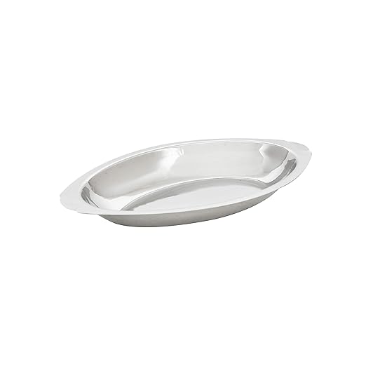 Thunder Group SLGT020 Au Gratin Dish, Oval, 20 oz. Capacity, Crumb Groove, Stainless Steel, Mirror-Finish, Pack of 12