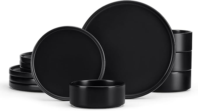 E-far Stoneware Dinnerware Sets, 12-Piece Plates and Bowls Dish Set for 4, Kitchen Modern Dinning Ware, Chip and Scratch Resistant, Microwave & Dishwasher Safe, Matte Black