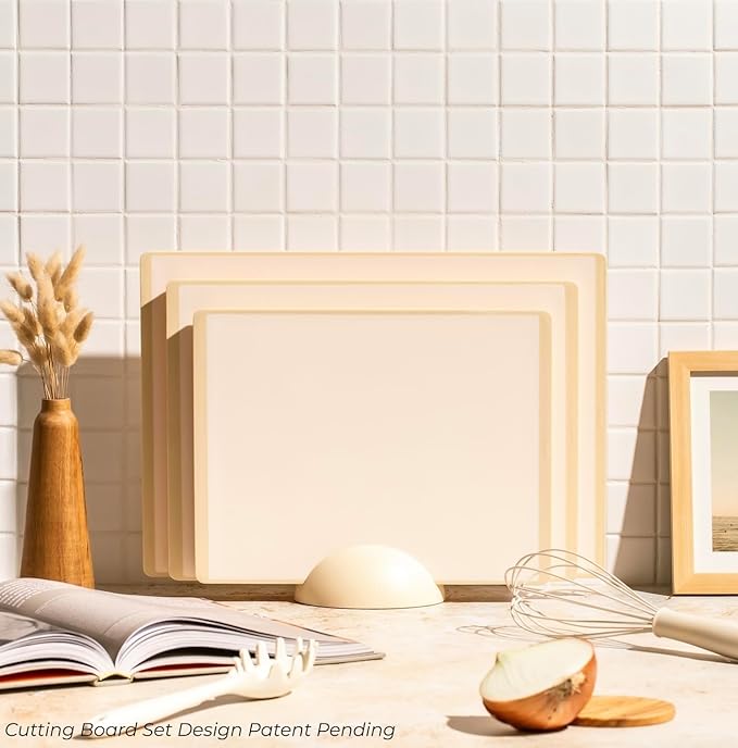 SMIRLY Plastic Cutting Board Set with Holder 3 Pieces, Non-Slip Dishwasher Safe Chopping Boards for Kitchen, Cream White