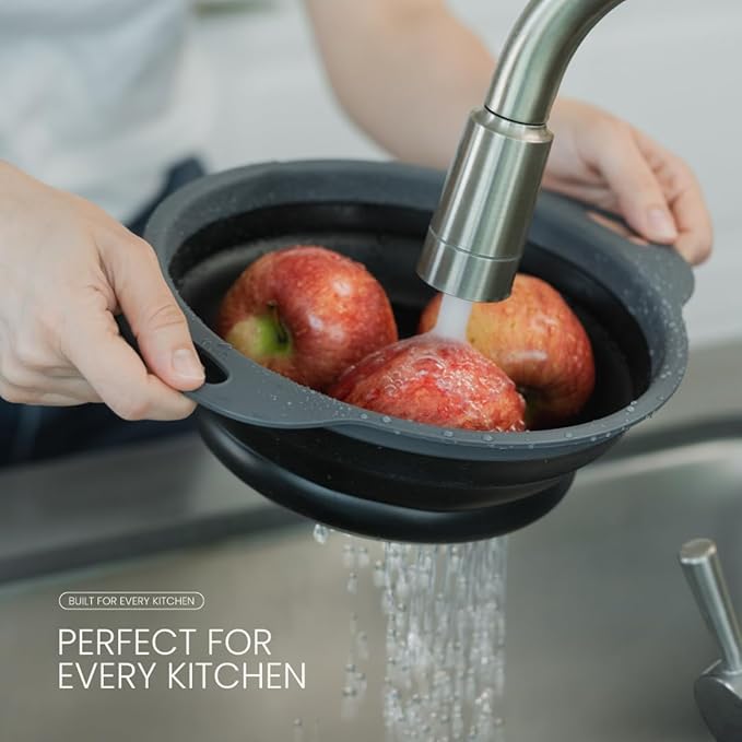 Collapsible Colander | 2-Pack Black Collapsible Strainer for Pasta, Fruits, & Vegetables | Compact Silicone Strainer Ideal for Straining all Sorts of Foods | Strainer for Everyday Use Medium