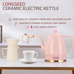 1.2 Liters Ceramic Electric Kettle Pot, Boil Water Quickly and Easily with Boil-Dry Protection, Auto Shut Off, Detachable Swivel Base, Graceful Gooseneck Teapot 1000W, Pink