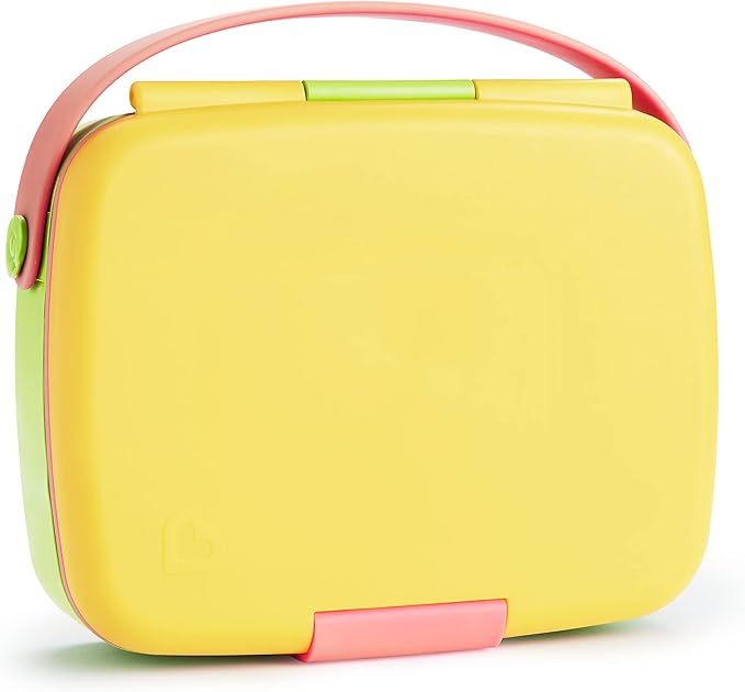 Munchkin Lunch Bento Box for Kids and Toddlers, Includes Stainless Steel Utensils, BPA-Free, 18 Months and Up, Pink/Green/Yellow