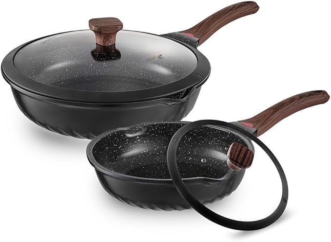 Vinchef Non Stick Frying Pans Set,10" & 12" Ceramic Pan with Lid, Deep Frying Pan & Saute Skillet, PFAS PFOA & PTFE Free, Visual Heat Indicator, Induction Ready, Frying Pans Nonstick Skillet with Lid