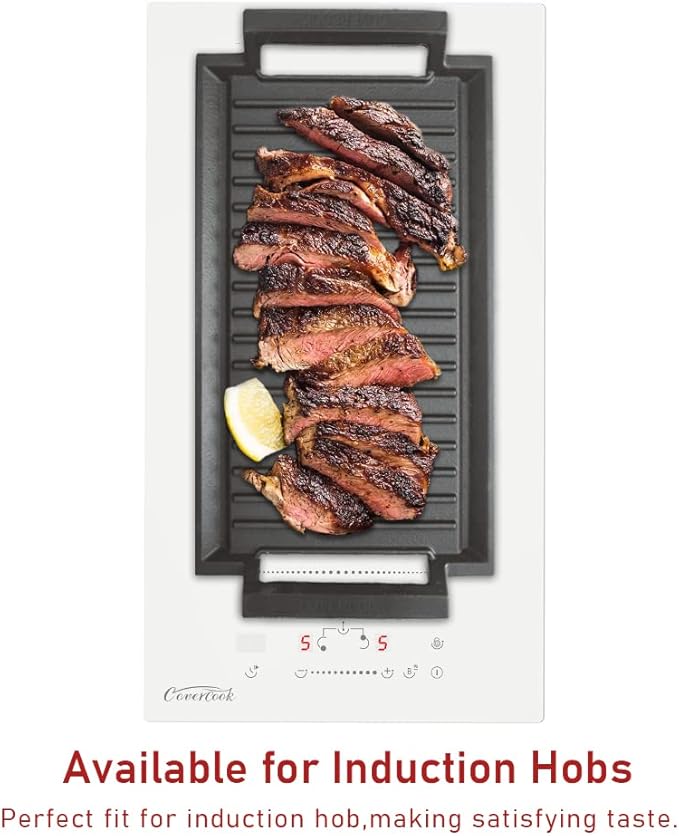 COVERCOOK Griddle Pan, Cast Iron Grill Hot Plate, Rectangular Grill, 2 handles with Ridged Surface for Induction Electric Cooktop，16 x 9inch