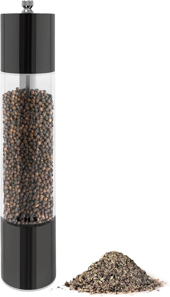 LHS Pepper Grinder Pepper Mill Salt Grinder Refillable- Large Capacity 12 Inch- Peppercorn Grinder Stainless Steel with Adjustable Ceramic Rotor (12", Black)