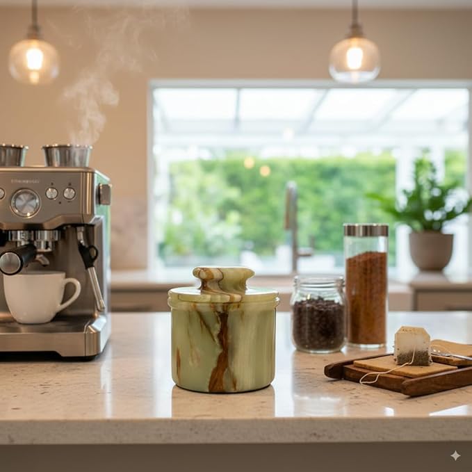Green Onyx Butter Keeper - Round Marble Butter Dish for Countertop, 4" x 3.5" Butter Crock, Natural Green Onyx Kitchen Decor, Handle With Care