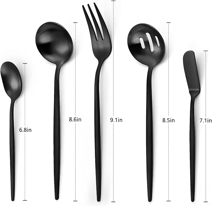 Matte Black Serving Silverware Set, 5-Piece Round Shared Utensils Set of Stainless Steel, Hostess Flatware Serving Set, Satin Finish, Dishwasher Safe