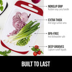 GORILLA GRIP 100% BPA-Free Reversible Kitchen Cutting Board Set of 3, Nonporous, Juice Grooves to Catch Liquid, Slip Resistant Handle Border, Dishwasher Safe, Durable Large Food Chopping Boards, Red