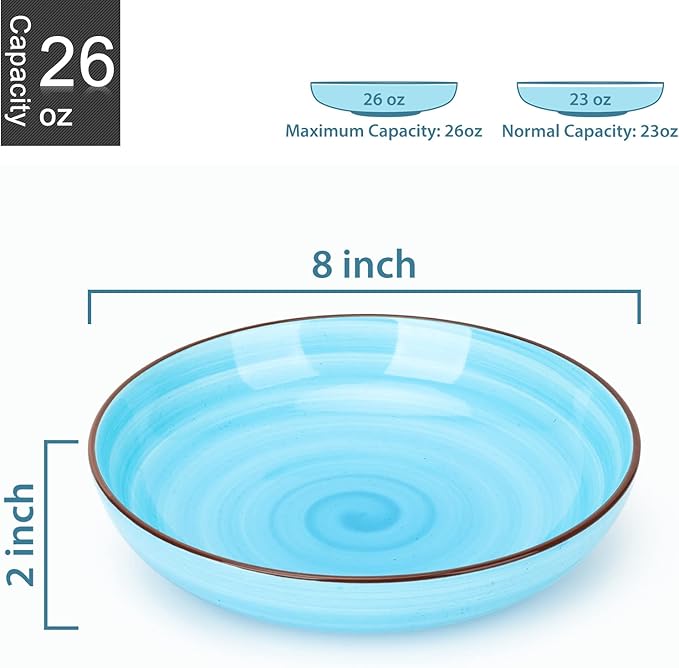 KitchenTour Ceramic Pasta Bowls - Large Salad Bowls Porcelain Serving Bowl Set 26 Ounce - 8 Inch Soup Bowl - Dishwasher and Microwave Safe - Set of 6, Assorted Cool Colors