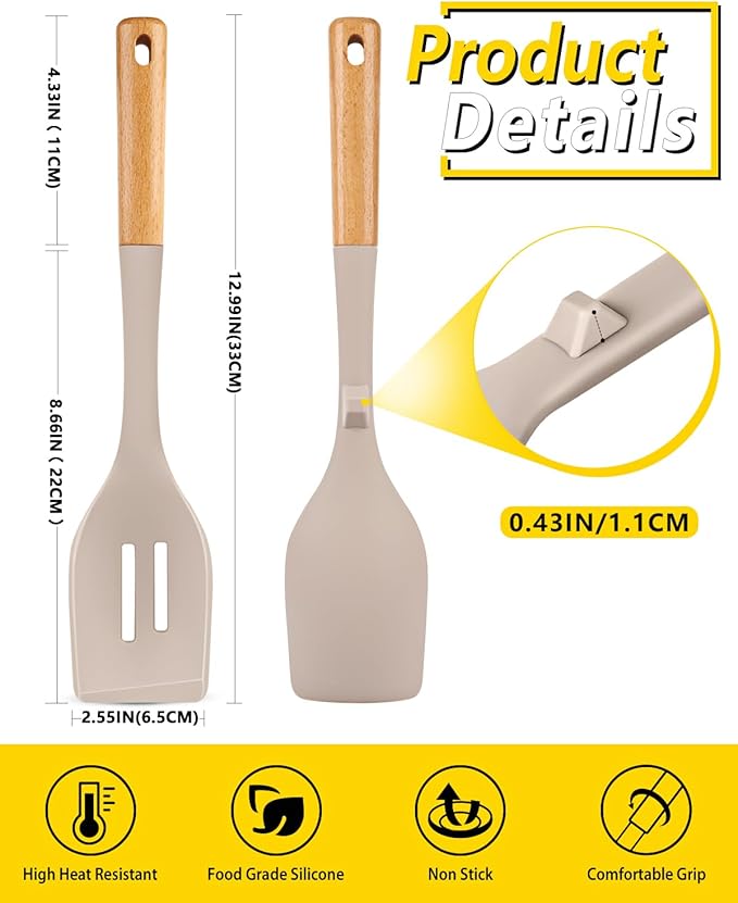 Pack of 2 Large Silicone Cooking Spoons, Heat Resistant Non Stick Kitchen Utensils with Wooden Handle, Ideal for Mixing, Stirring, Serving, Cooking(KHAKI)