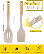 Pack of 2 Large Silicone Cooking Spoons, Heat Resistant Non Stick Kitchen Utensils with Wooden Handle, Ideal for Mixing, Stirring, Serving, Cooking(KHAKI)