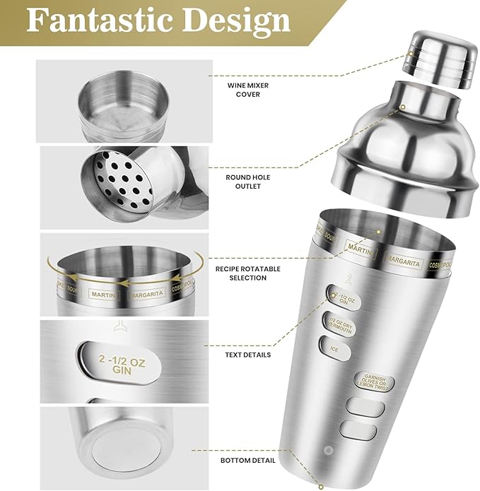 Cocktail Shaker Martini Shaker Set with Recipe, 24 oz Martini Shaker Drink Shaker Drink Mixer Stainless Steel Cocktail Shaker Set Bartender Kit