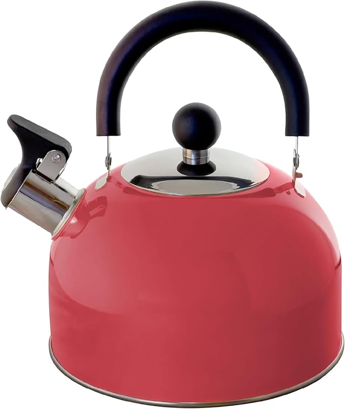 Lily's Home 2 Quart Stainless Steel Whistling Tea Kettle, the Perfect Stovetop Tea and Water Boilers for Your Home, Dorm, Condo or Apartment. (Pastel Red)