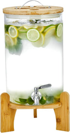 Beverage Dispenser 2.1 Gallon with Spigot Glass Water Dispenser for Parties, Bars, Restaurants (8L）with Wood Stand Drink Dispensers