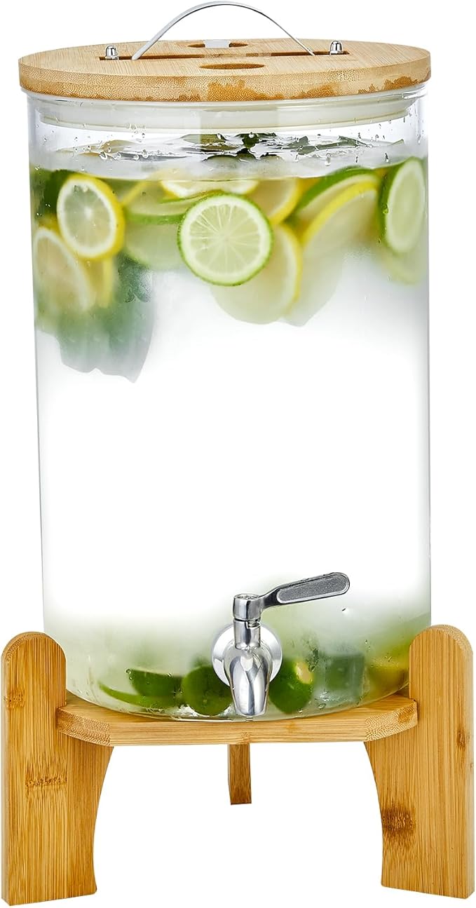 Beverage Dispenser 2.1 Gallon with Spigot Glass Water Dispenser for Parties, Bars, Restaurants (8L）with Wood Stand Drink Dispensers