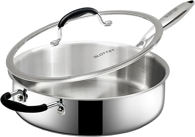 Tri-Ply Stainless Steel Saute Pan with Lid, 5 Quart Deep Sauté Pan with Stay Cool Handle,11.5 Inch Frying Pan,Dishwasher and Oven Safe,Induction Stainless Steel Cookware