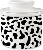 HIWX Cow Print Gifts Butter Crock with Lid for Countertop, Cowhide Ceramic French Butter Crock Keeper Dish for Counter with Water, Cow Lovers Gifts for Women