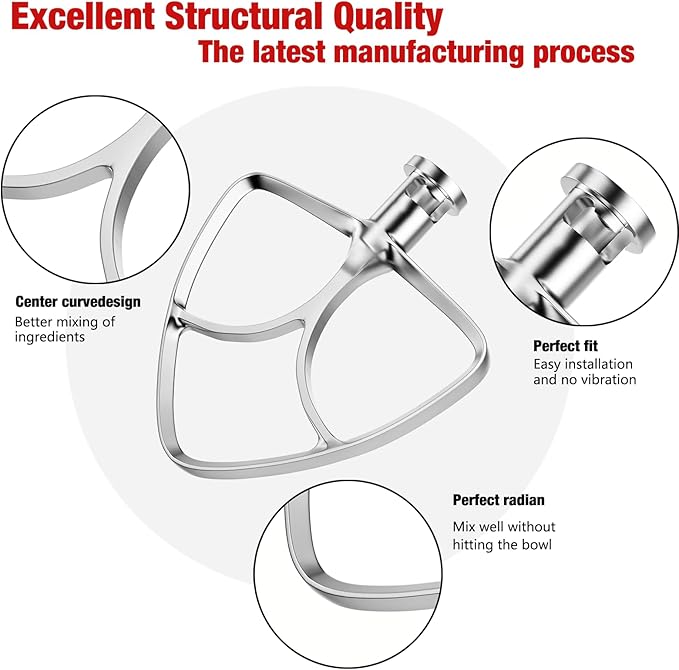 4.5-5QT Stainless Steel Flat Beater for KitchenAid Stand Mixer, Kitchen Aid Paddle Attachment Accessories/No coating/Dishwasher Safe Replacement for K45 KN15E1X KSM75 and Other Models