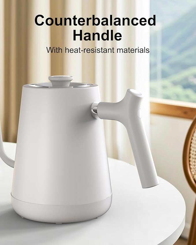 Gooseneck Electric Tea Kettle Pour-Over Kettle for Coffee, with 5 Variable Presets, 100% Stainless Steel Inner, with Keep Warm and Mute Function 0.8L, 1000W Quick Heating, Matte white