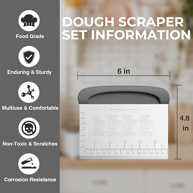 Bench Scraper Dough Cutter Tool - Pastry Scraper for Bread Cake Pizza, Bench Knife Kitchen Dough Scraper for Baking, Stainless Steel Food Scraper with Grip Handles & Measuring Scale, Grey