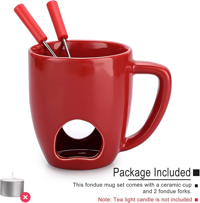 BSTKEY 230ML Personal Chocolate Fondue Mug Set, Ceramic Butter Warmer Set, Mini Melt Hot Pot Cup Set for Cheese Chocolate Butter Caramel, with 2 Forks (Red)