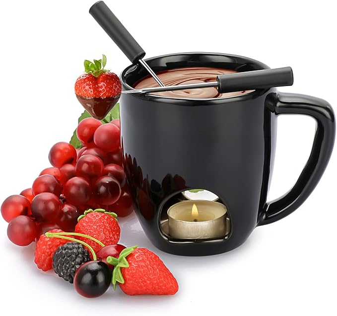 BSTKEY 230ML Personal Chocolate Fondue Mug Set, Ceramic Butter Warmer Set, Mini Melt Hot Pot Cup Set for Cheese Chocolate Butter Caramel, with 2 Forks (Black)