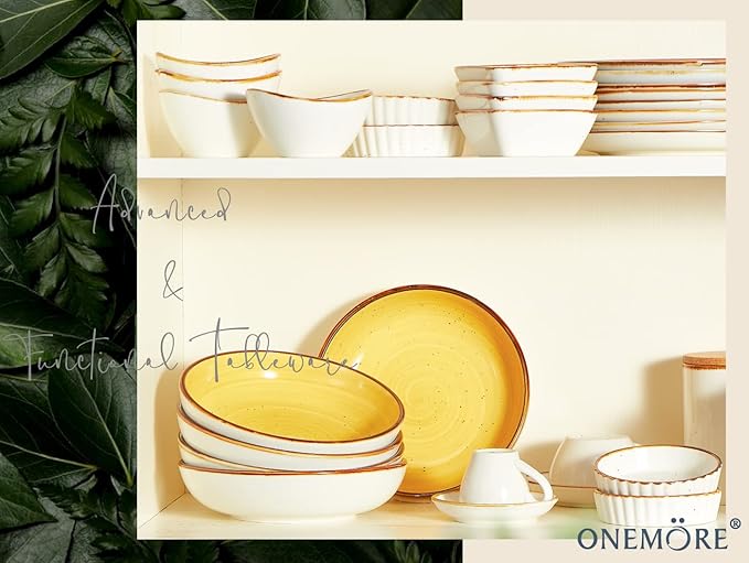 ONEMORE Pasta Bowls 30 Ounce Porcelain Salad Bowls Shallow Bowls for Pasta Set of 4 Shallow Bowl Plates, Microwave & Dishwasher Safe, Assorted Color