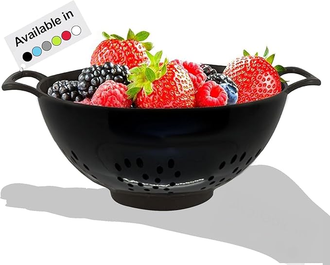 Meadow Lane 6-inch Small Colander, BPA-Free, Dishwasher Safe, Double Handles, Compact Food Strainer for Berries, Veggies and Pasta, 3-Cup Capacity, Glossy Black