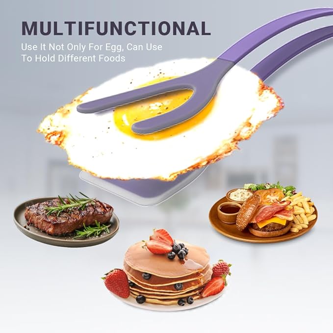 Silicone Egg Flipper Spatula Tongs (Set of 1) – Non-Stick 2-in-1 Grip & Flip Kitchen Tongs for Pancakes, Fish, Eggs, and More – Heat Resistant Cooking Tool (Black) (Purple)