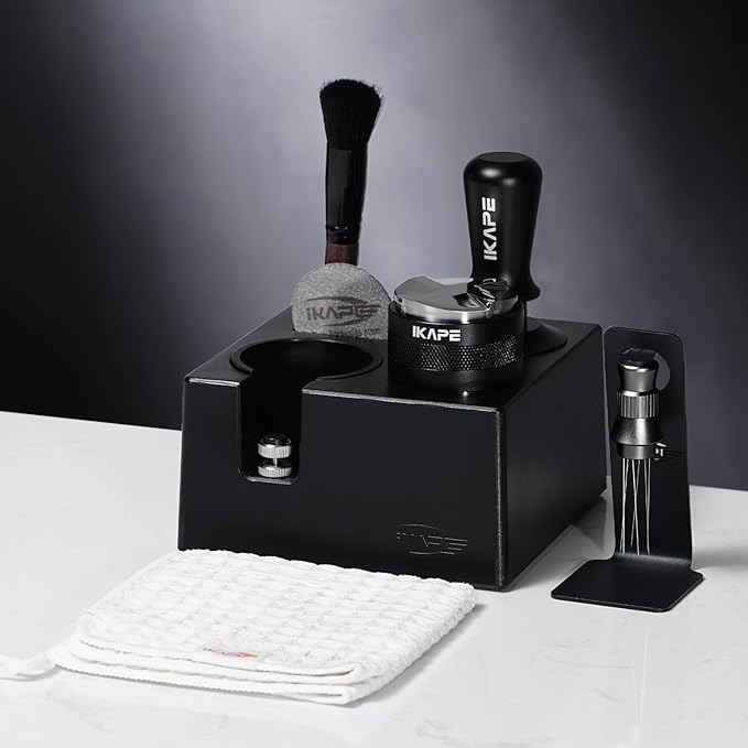 IKAPE 53MM Black Espresso Tool Set 8 IN 1, Coffee Tamper, Distributor, Magnetic Funnel, Puck Screen, Tamper Station, Stirrer Distribution Tool, Cleaning Towel and Brush