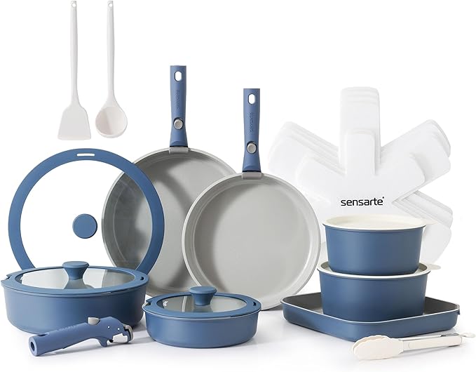SENSARTE 24 Piece Ceramic Pots and Pans Set, Nonstick Detachable Handle Cookware, Induction Kitchen Cookware Set with Removable Handle, Healthy Non Stick for RV, Dishwasher＆Oven Safe, PFOA Free (Navy)
