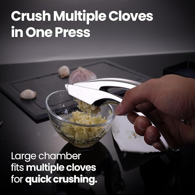 No Peeling Required Garlic Press Stainless Steel with Detachable Handle for Fine Mincing-Premium Garlic Mincer Tool, Rust-Proof, Easy to Clean, Dishwasher Safe Garlic Crusher with Lifetime Replacement