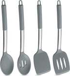 P&P CHEF Gray Kitchen Cooking Utensil Set of 4, Silicone Solid Spatulas Slotted Spoons Turners for Non-stick Cookware Flipping Mixing, Heat-proof