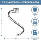 Stainless Steel Spiral Dough Hook for Kitchenaid 5Plus & 6QT Bowl-Lift Stand Mixers, Dough Hook for Kitchenaid Stand Mixer Dishwasher Safe, Efficient Kneading for Bread, Pizza, Pasta, Cookies