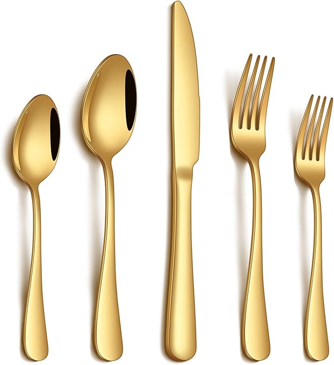 20 Piece Gold Silverware Set, Stainless Steel Flatware Set for 4 Food Grade Cutlery Utensil Set Include Knife Fork Spoon Mirror Polished Dishwasher Safe