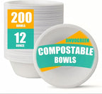 200 Count 12 oz Paper Bowls, Disposable Compostable Bowls Bulk, Heavy Duty Biodegradable Bagasse Bowl for Snacks, Soup, and Salads, White